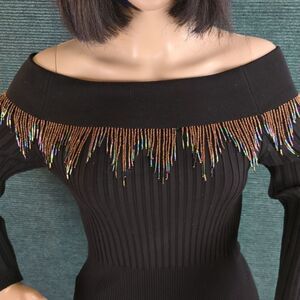 Vintage Bead Fringed Off Shoulder Sweater, SO BEAUTIFUL!
